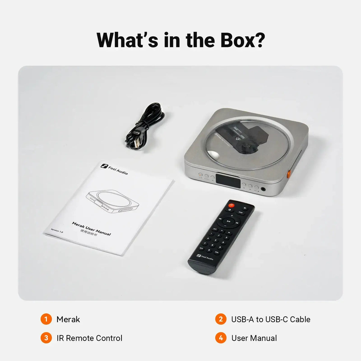 Fosi Audio Merak CD player unboxing image showing product components, including remote control and user manual.