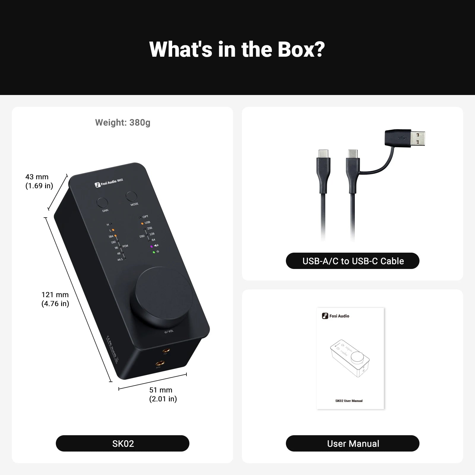 Fosi Audio SK02 balanced headphone amp and DAC with included USB-C cable and user manual.