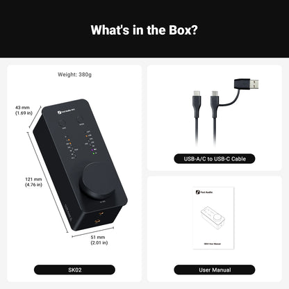 Fosi Audio SK02 balanced headphone amp and DAC with included USB-C cable and user manual.