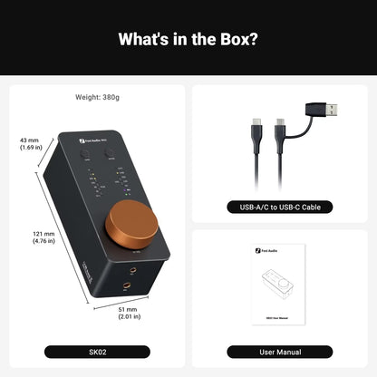 Fosi Audio SK02 Balanced Headphone Amp & DAC unboxing, includes USB-A/C cable and user manual.