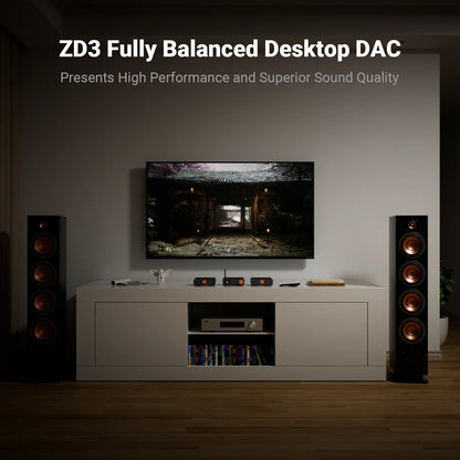 Fosi Audio ZD3 Balanced DAC Preamp in a home setup with high-quality speakers and display.