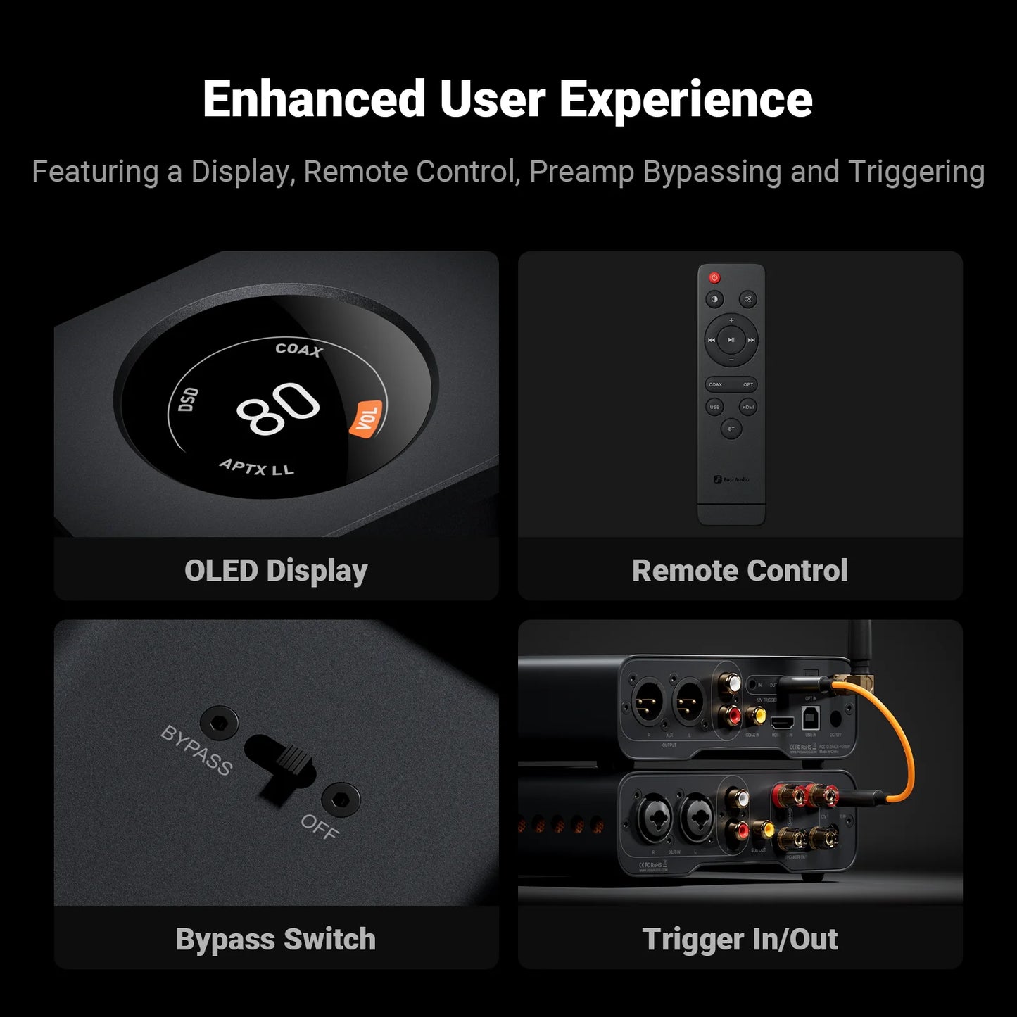 Fosi Audio ZD3 interactive features including OLED display, remote control, bypass switch, and trigger in/out.