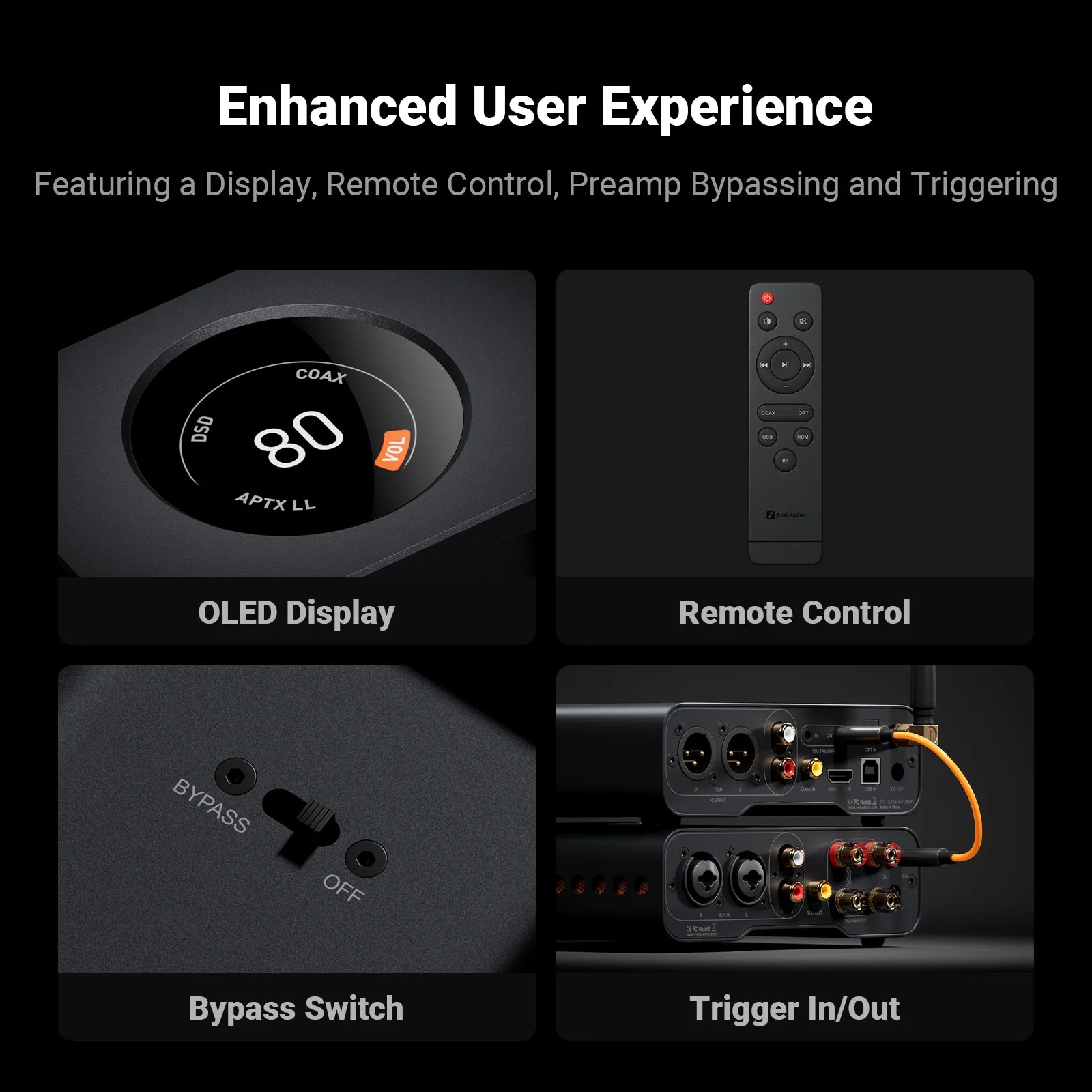Fosi Audio ZD3 interactive features including OLED display, remote control, bypass switch, and trigger in/out.
