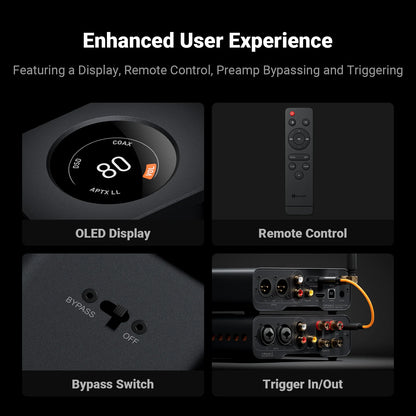 Fosi Audio ZD3 interactive features including OLED display, remote control, bypass switch, and trigger in/out.