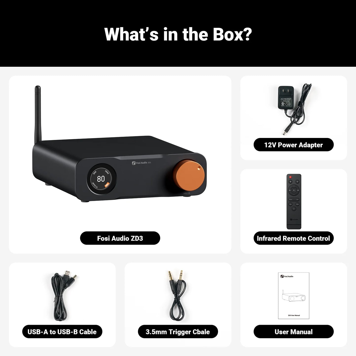 Fosi Audio ZD3 Balanced DAC Preamp with included components like USB cable, power adapter, remote control, and user manual.