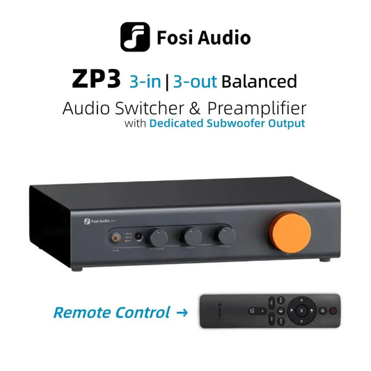 Fosi Audio ZP3 audio switcher and preamplifier with remote control on a white background