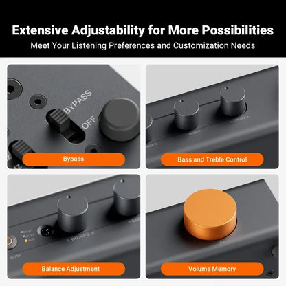 Fosi Audio ZP3 adjustable features including bypass, bass and treble control, balance adjustment, and volume memory.