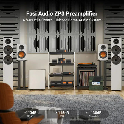 Fosi Audio ZP3 Preamplifier setup in a home audio system with speakers and equipment.
