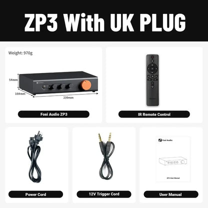 Fosi Audio ZP3 preamplifier with UK plug and included accessories like remote control, power cord, and user manual.