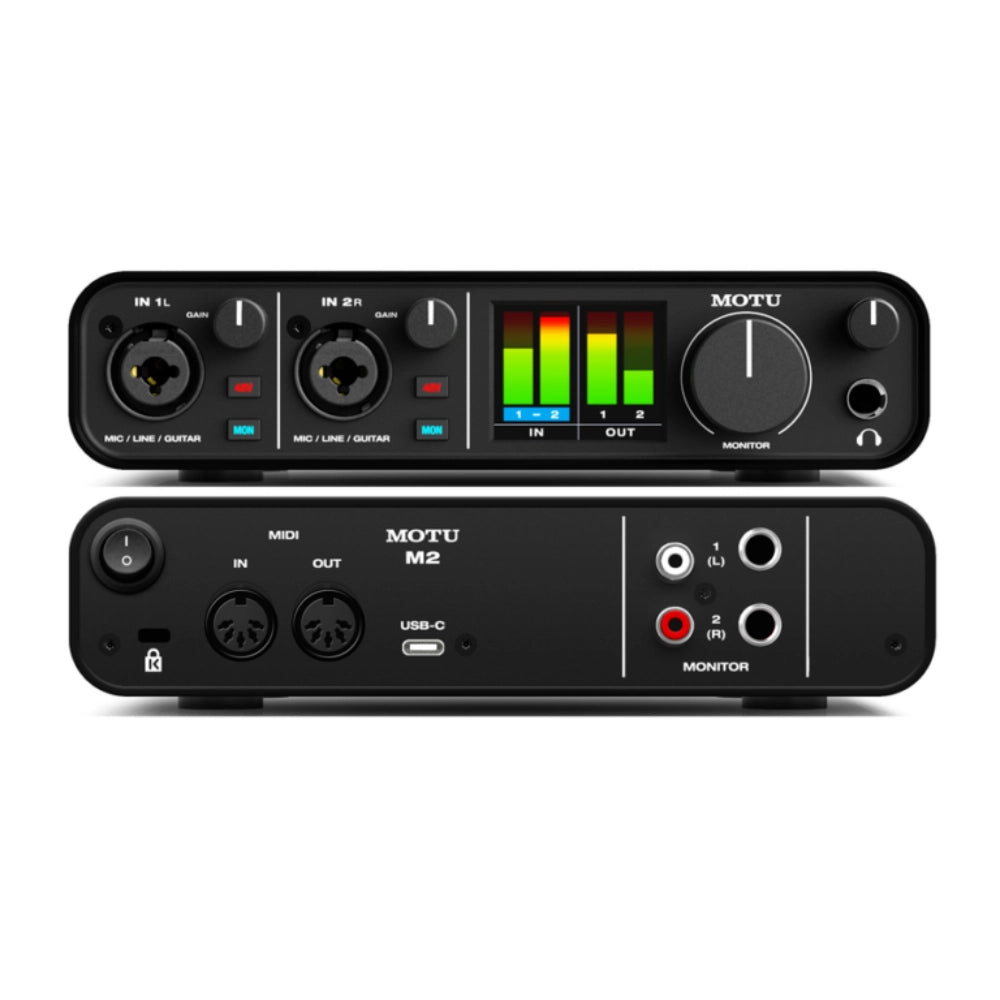 The front and back panels of the MOTU M2 audio interface on a white background.