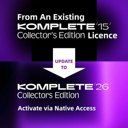 Image showing update instructions from Komplete 15 to Komplete 26 Collector's Edition, Activate via Native Access, featuring Native Instruments.