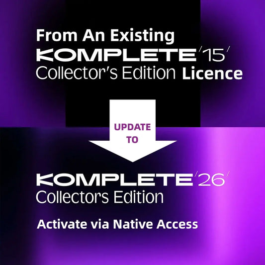 Image showing update instructions from Komplete 15 to Komplete 26 Collector's Edition, Activate via Native Access, featuring Native Instruments.