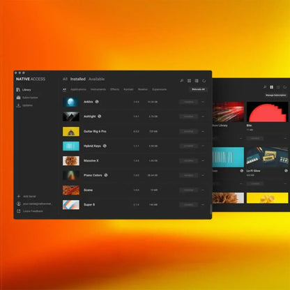 Native Instruments Komplete 26 Select interface showing installed applications and effects.