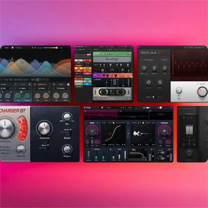 Native Instruments Komplete 26 Standard plugins interface on colorful background.