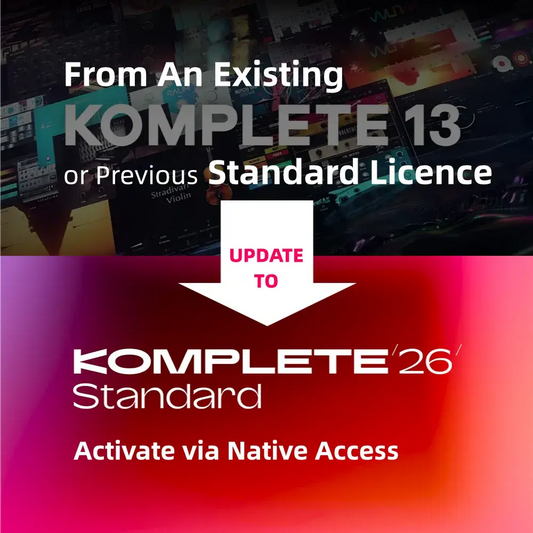 Image showing update instructions from Komplete 13 to Native Instruments Komplete 26 Standard via Native Access.