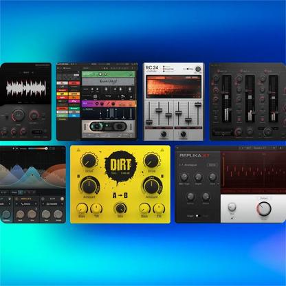 Native Instruments audio plugins interface showcasing various effects and instruments for music production.