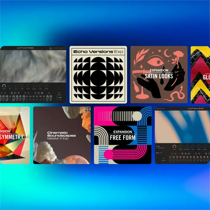 Native Instruments various expansion packs and sound design tools displayed on a vibrant blue background.