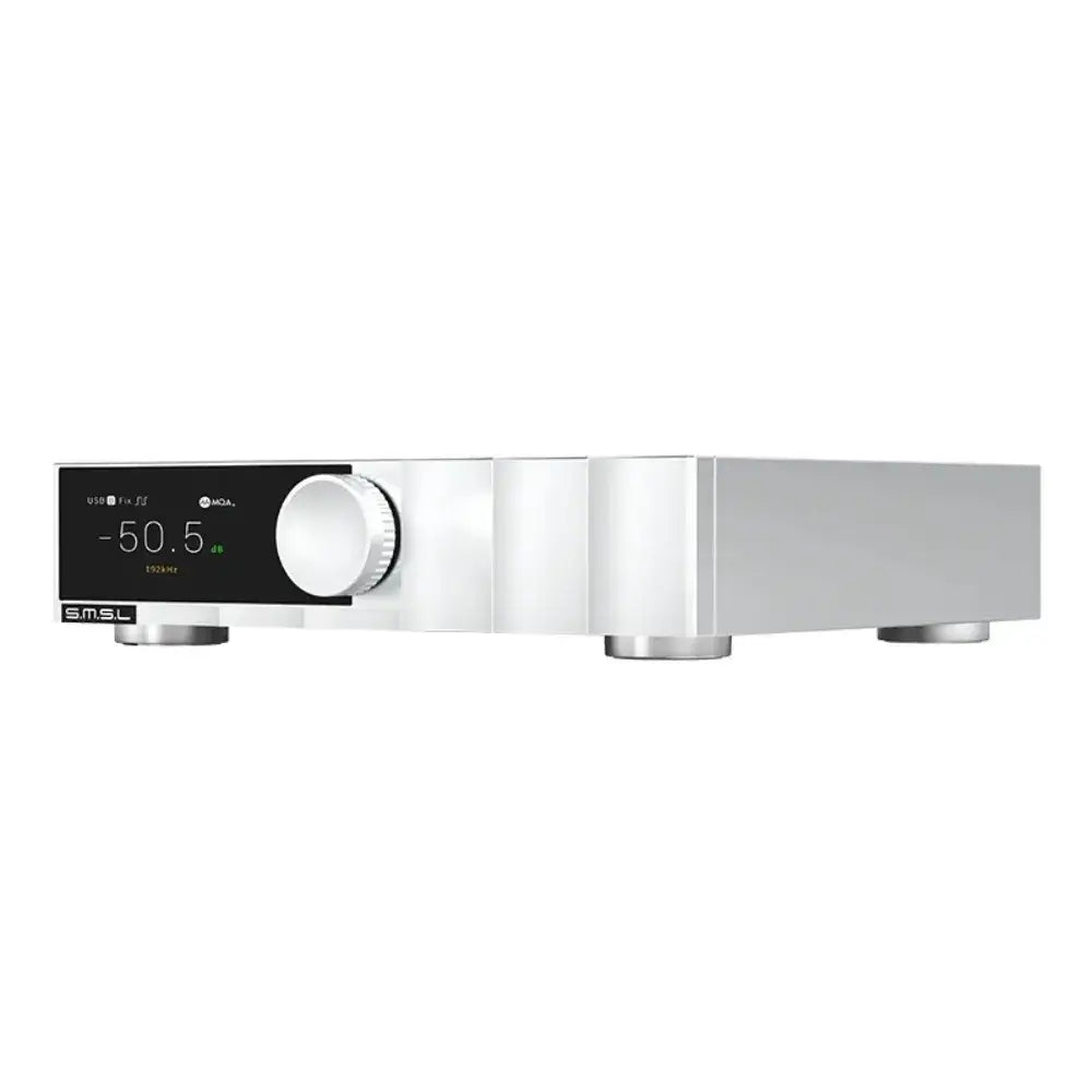 SMSL D200 MQA Balanced HiFi DAC with ROHM BD34352EKV chip in sleek silver design.