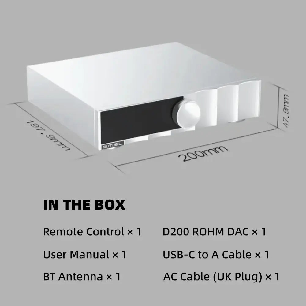 SMSL D200 image showing contents in the box including remote control, user manual, and DAC.