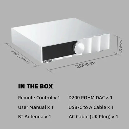 SMSL D200 image showing contents in the box including remote control, user manual, and DAC.