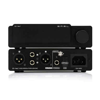 Back view of SMSL D-6s balanced USB-DAC showing inputs and outputs, including RCA and XLR connections.