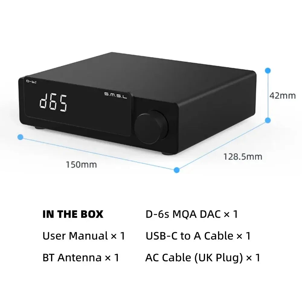 SMSL D-6s balanced USB-DAC with ES9039Q2M chip, displaying contents in the box.
