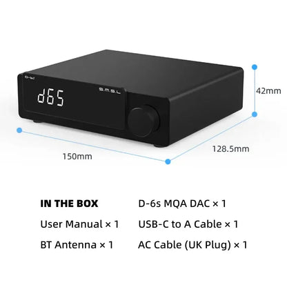 SMSL D-6s balanced USB-DAC with ES9039Q2M chip, displaying contents in the box.