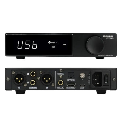 SMSL DO100 Pro Balanced HiFi DAC showing front and rear panel with input and output connections.