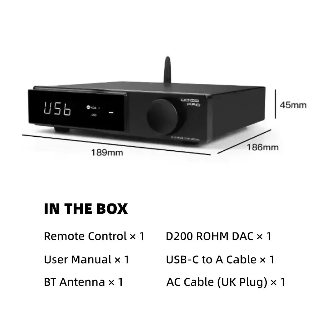 SMSL DO100 Pro Balanced HiFi DAC with remote control, user manual, BT antenna, and power cable included.