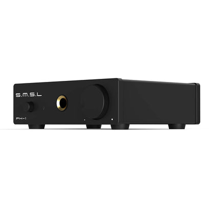SMSL PH-1 MM phono preamp and headphone amp in sleek black design, featuring headphone jack and gain control.