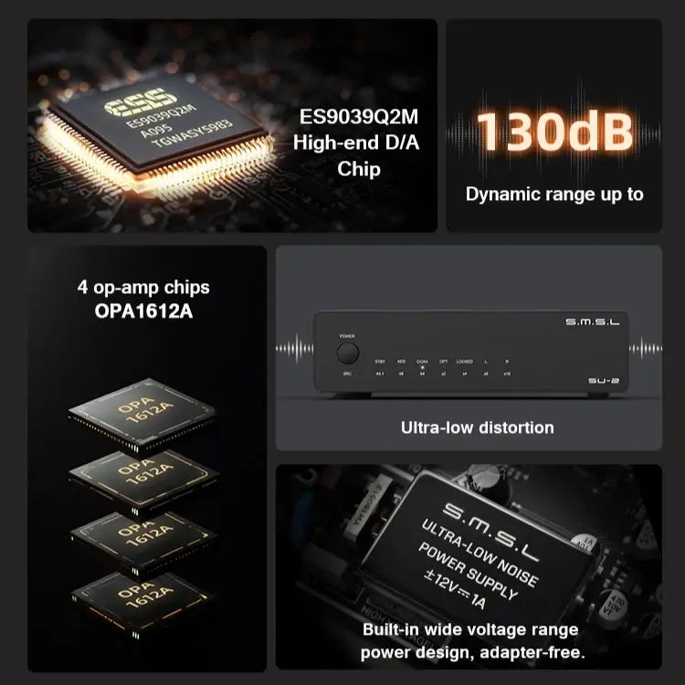SMSL SU-2 Balanced AES-DAC Preamp features ES9039Q2M chip and OPA1612A op-amps with ultra-low distortion and dynamic range.