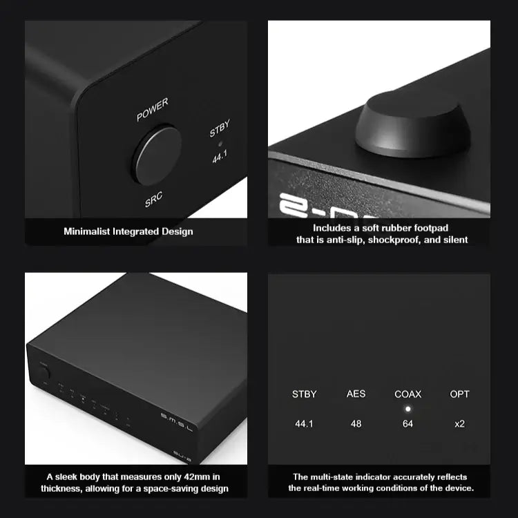 SMSL SU-2 Balanced AES-DAC Preamp with minimalist design, power button, and rubber footpad for stability.