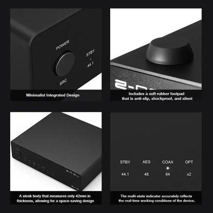 SMSL SU-2 Balanced AES-DAC Preamp with minimalist design, power button, and rubber footpad for stability.