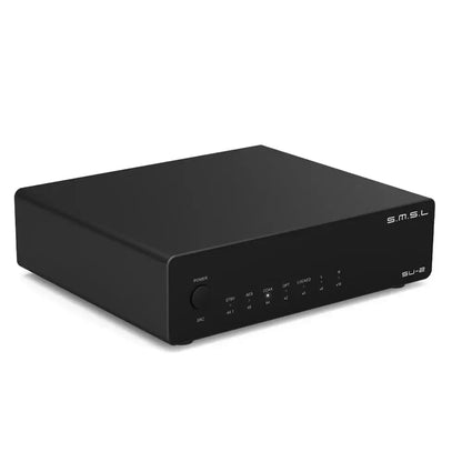 SMSL SU-2 Balanced AES-DAC Preamp front view with digital inputs and sleek black design.