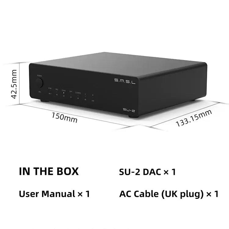 SMSL SU-2 Balanced AES-DAC Preamp packaging including user manual and AC cable.