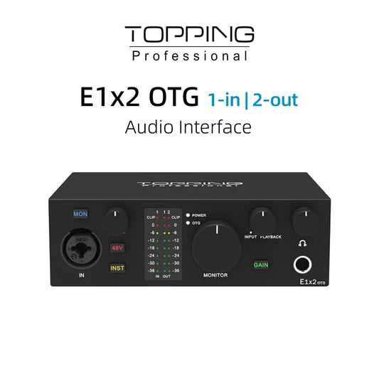 TOPPING E1x2 OTG 1-in 2-out Audio Interface with monitoring and gain control features.