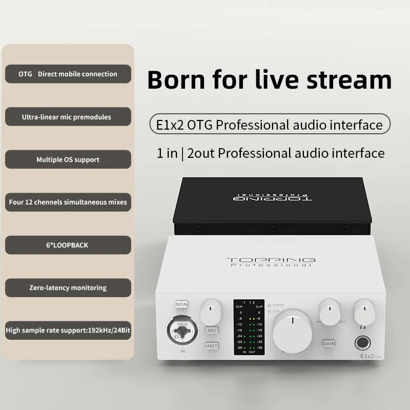 TOPPING E1x2 OTG Professional Audio Interface with direct mobile connection and high sample rate support.