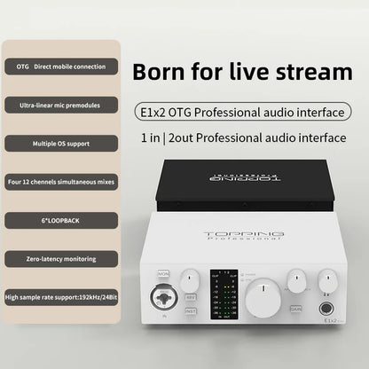 TOPPING E1x2 OTG Professional Audio Interface with direct mobile connection and high sample rate support.
