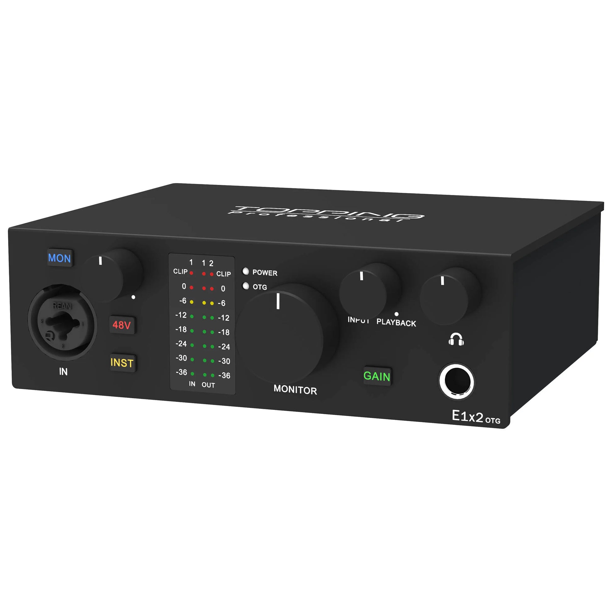 TOPPING E1x2 OTG Professional Audio Interface for live streaming, features direct mobile connection and ultra-linear preamps.