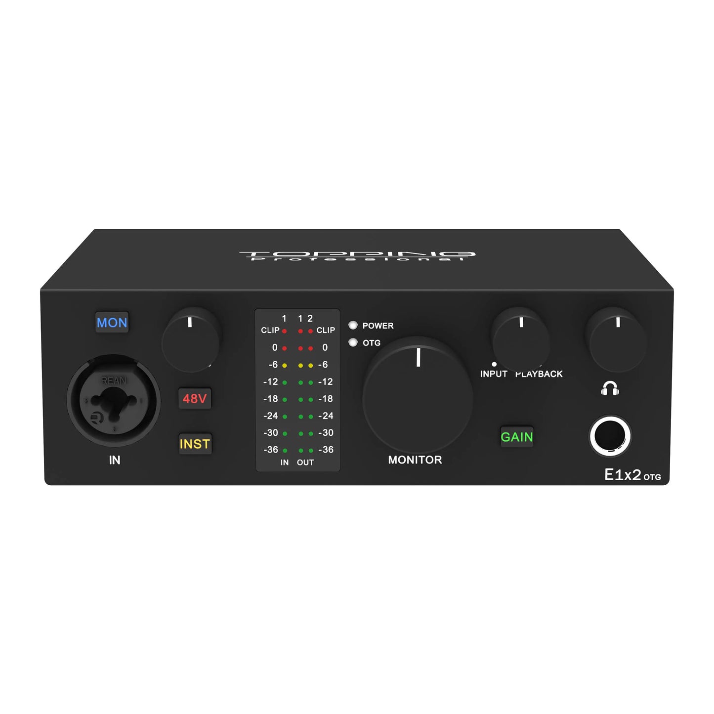 TOPPING E1x2 OTG Professional Audio Interface with controls for streaming and recording audio, black version.