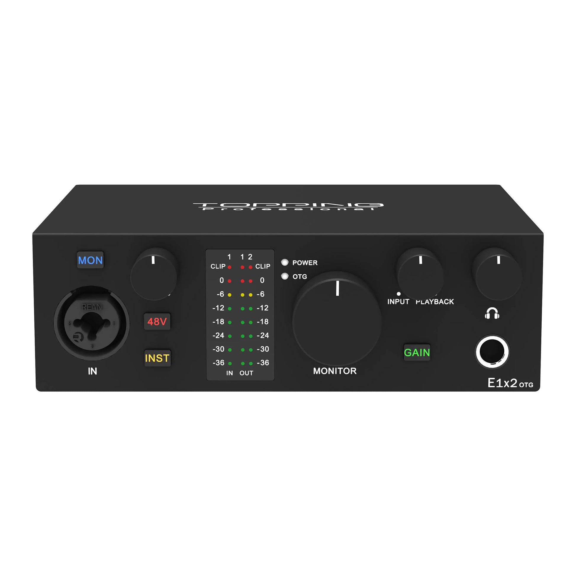TOPPING E1x2 OTG Professional Audio Interface with controls for streaming and recording audio, black version.