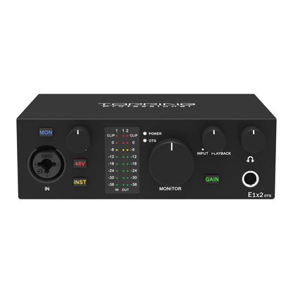 TOPPING E1x2 OTG Professional Audio Interface with controls for streaming and recording audio, black version.