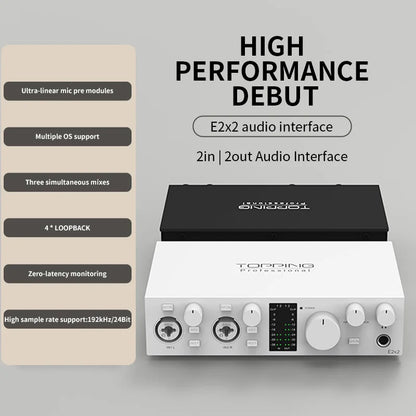 TOPPING E2x2 Professional Audio Interface features ultra-linear mic preamps and 24-bit/192kHz recording capabilities.