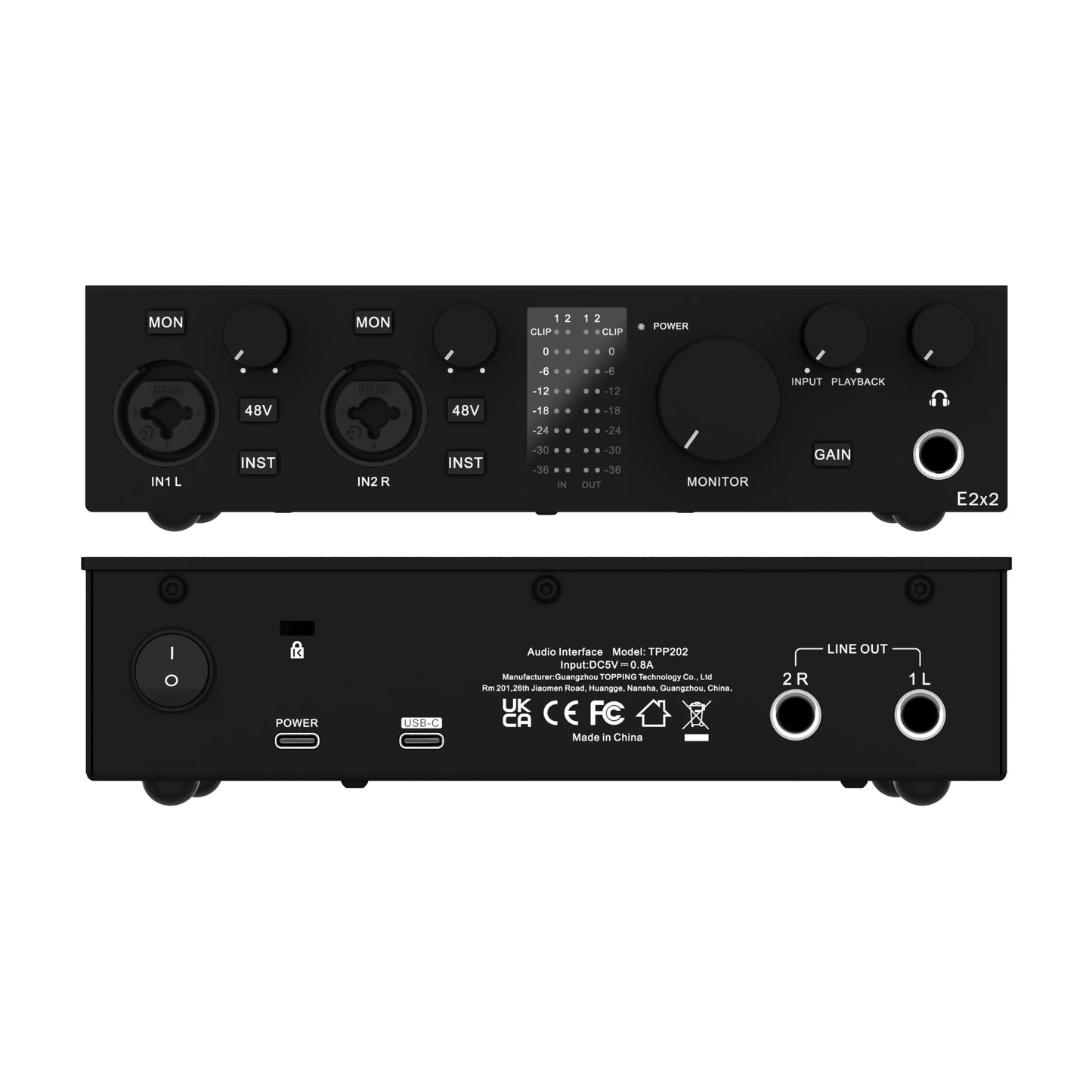 TOPPING E2x2 Professional Audio Interface front and back view showcasing controls and connections.