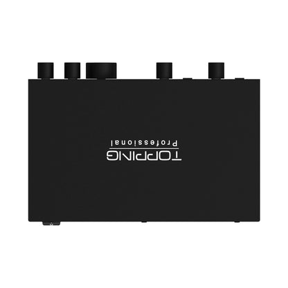 TOPPING E2x2 Professional Audio Interface top view with knobs for volume and settings.