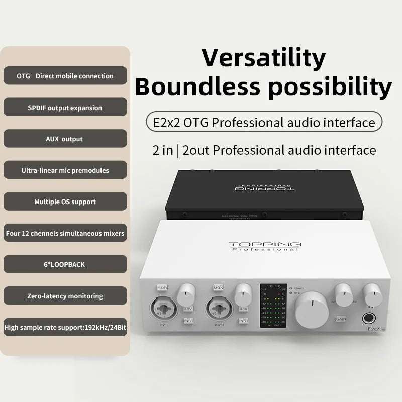 TOPPING E2x2 OTG Professional Audio Interface features mobile connection and low latency monitoring.