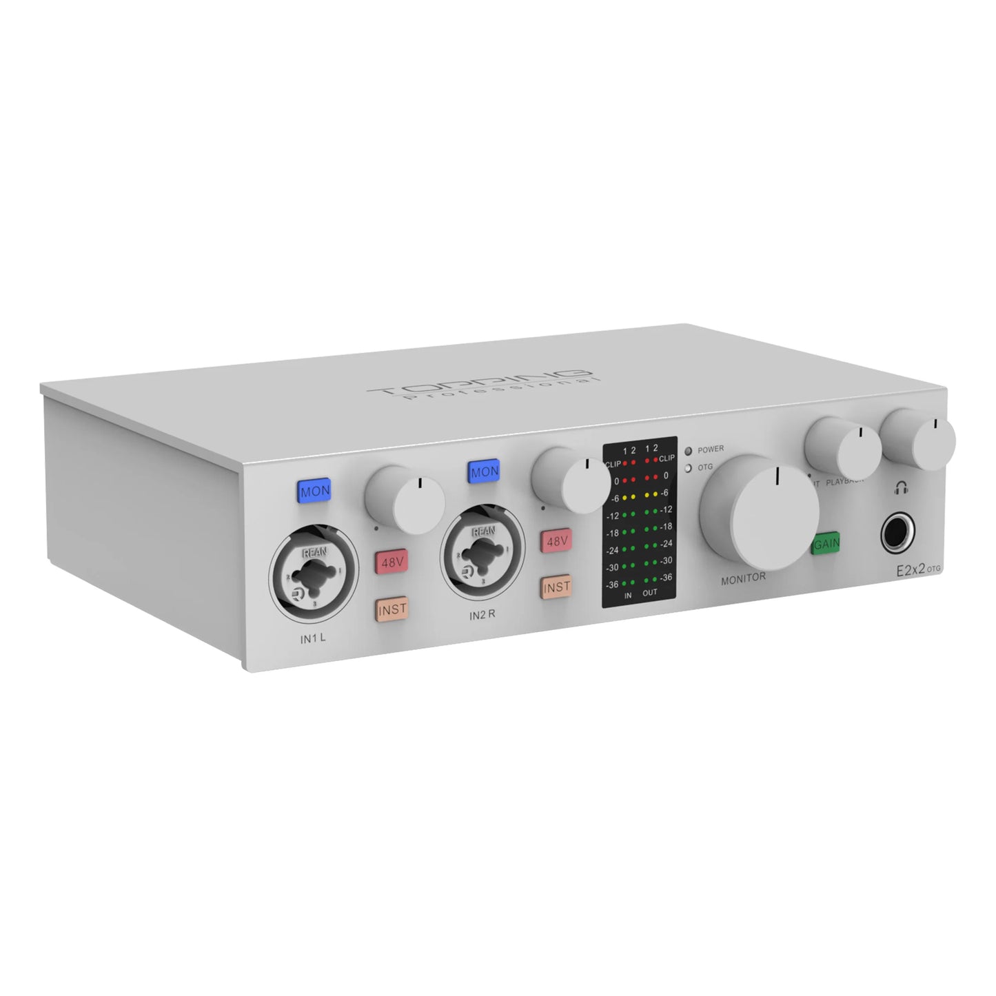 TOPPING E2x2 OTG Professional Audio Interface front view with multiple knobs and input ports.