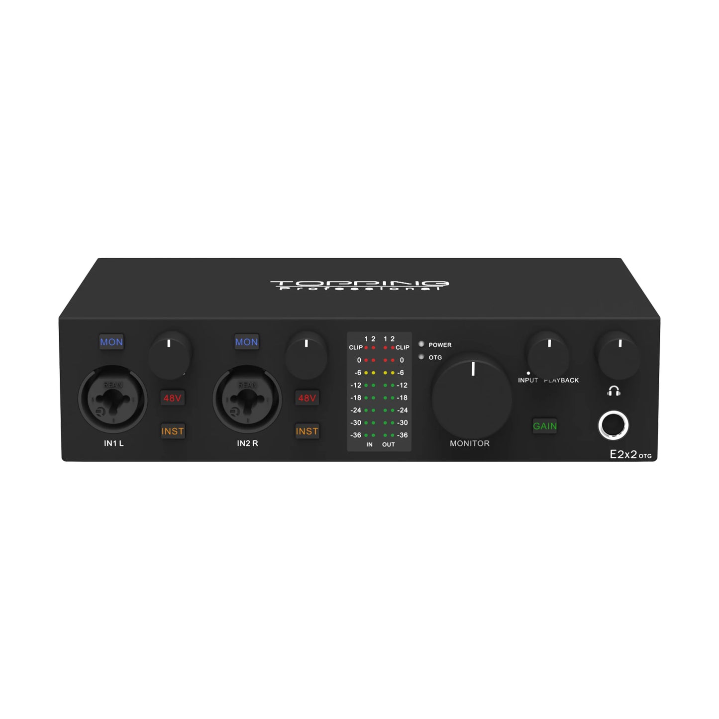 TOPPING E2x2 OTG Professional Audio Interface with input and monitoring controls for livestreaming