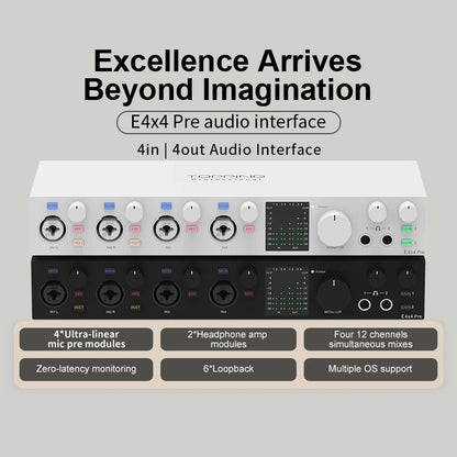 TOPPING E4x4 Pre professional audio interface showcasing 4-in 4-out capabilities and ultra-linear mic preamps.