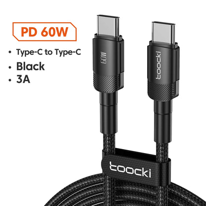 Black Type-C to Type-C cable with toocki branding on a white background